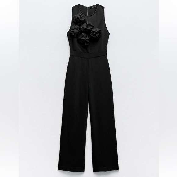 Zara textured floral crepe jumpsuit Black NWT
